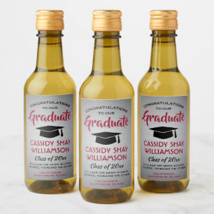 Graduation Party Brushed Grey Red and Black Mini Wine Label