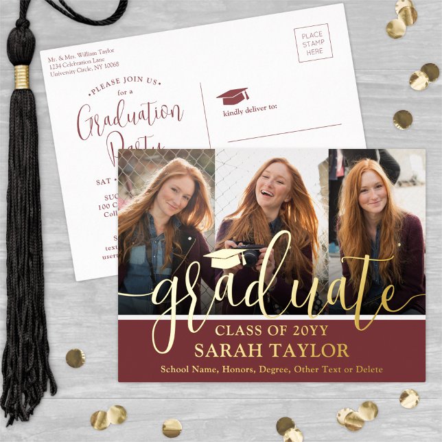 Graduation Party Burgundy 3 Photo Modern Script Foil Invitation Postcard (Creator Uploaded)