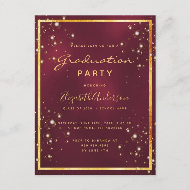 Graduation party burgundy bubble invitation postcard (Front)