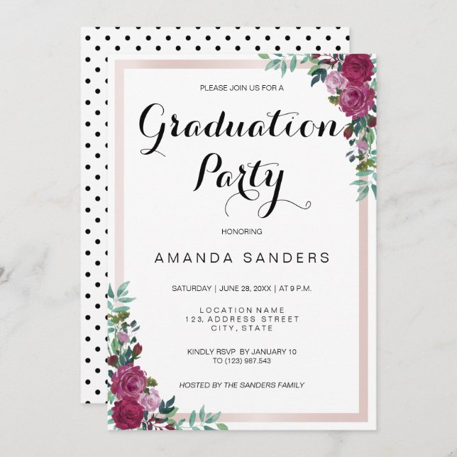 Graduation Party burgundy floral invitation card (Front/Back)
