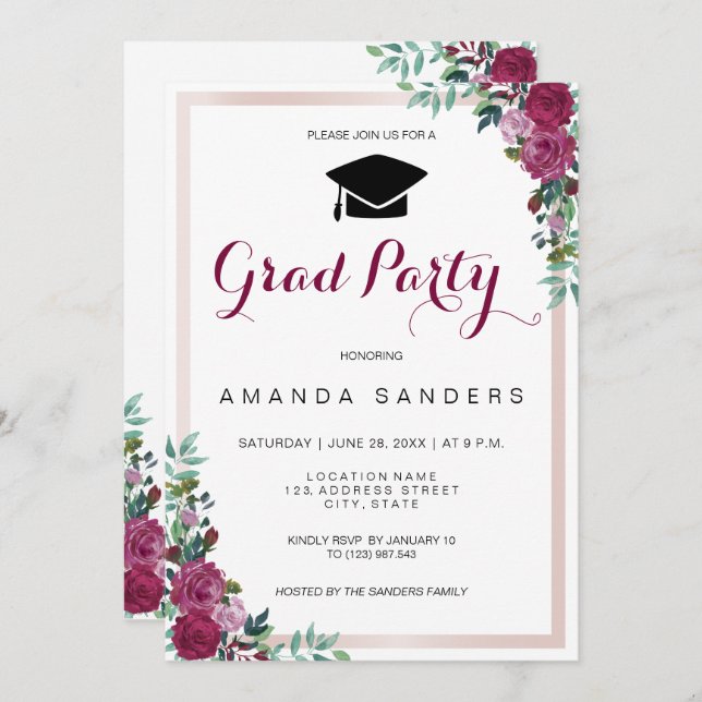 Graduation Party burgundy floral photo card (Front/Back)