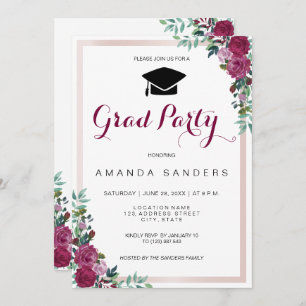 Graduation Party burgundy floral photo card
