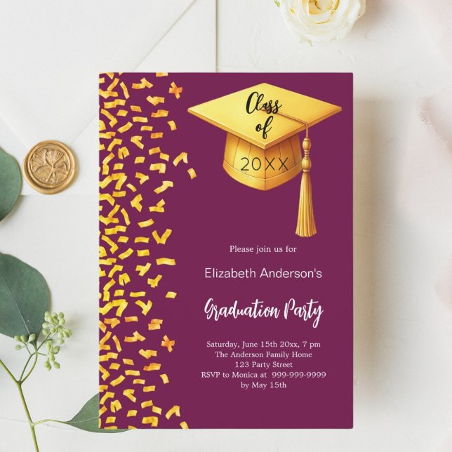 Graduation party burgundy gold confetti invitation (Creator Uploaded)