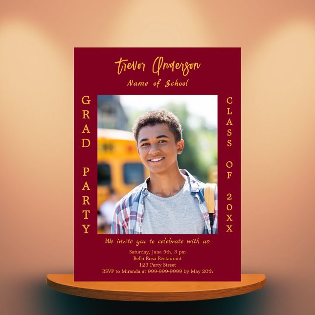 Graduation party burgundy gold photo invitation (Creator Uploaded)