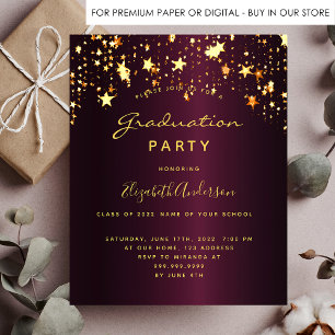 Graduation party burgundy gold stars glamourous postcard