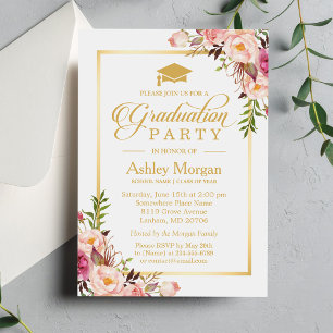 Graduation Party Chic Floral Golden Frame Invitation