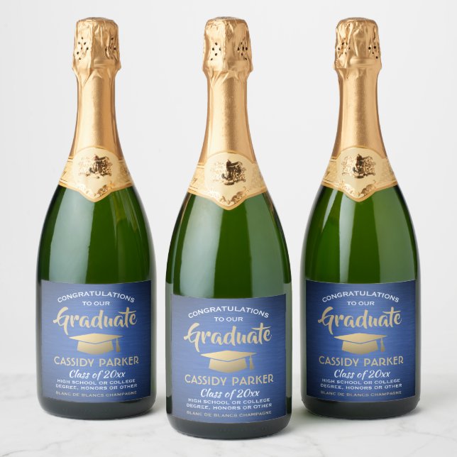 Graduation Party Congrats Blue Gold White Elegant Sparkling Wine Label (Bottles)