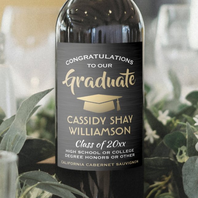 Graduation Party Congrats Brushed Black Gold White Wine Label (Creator Uploaded)