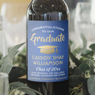Graduation Party Congrats Brushed Blue Gold White Wine Label