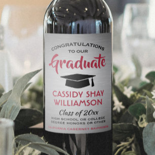Graduation Party Congrats Brushed Grey Red & Black Wine Label