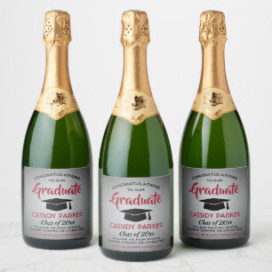 Graduation Party Congrats Elegant Red Grey & Black Sparkling Wine Label