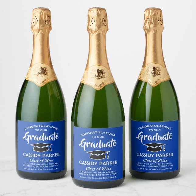 Graduation Party Congrats Elegant Royal Blue White Sparkling Wine Label (Bottles)
