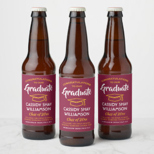 Graduation Party Congrats Maroon Red Gold Yellow Beer Bottle Label