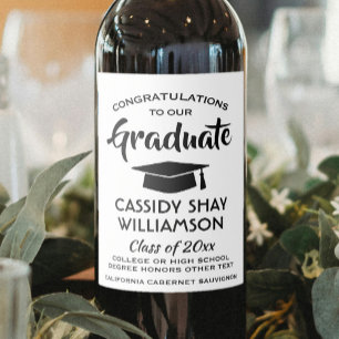 Graduation Party Congrats Modern Black and White Wine Label