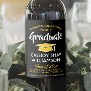 Graduation Party Congrats Modern Black Gold Yellow Wine Label