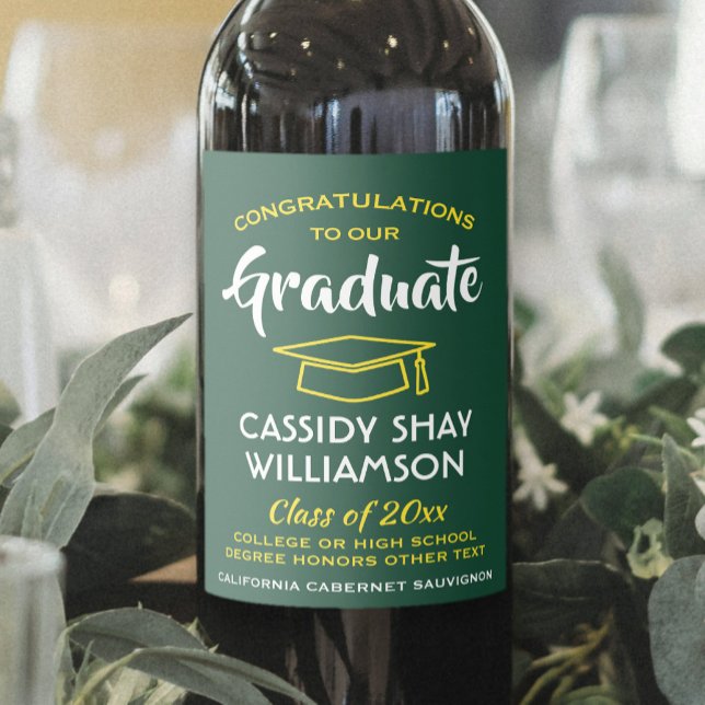 Graduation Party Congrats Modern Green Gold Yellow Wine Label (Creator Uploaded)