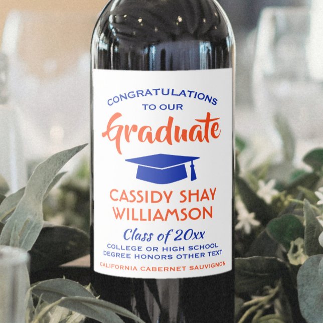 Graduation Party Congrats Modern Orange and Blue Wine Label (Creator Uploaded)