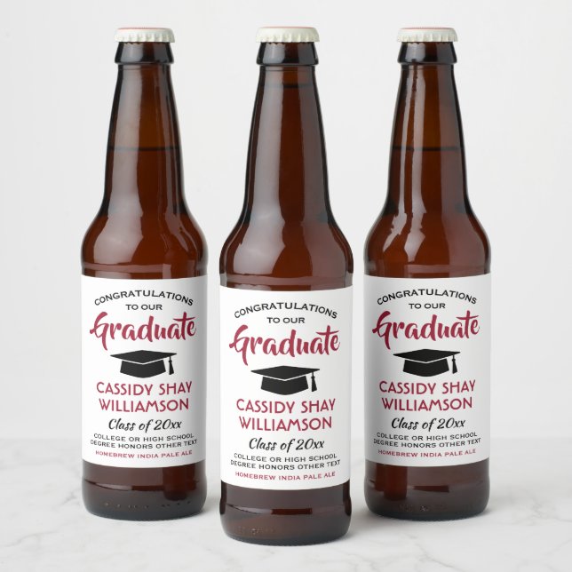 Graduation Party Congrats Modern Red White & Black Beer Bottle Label (Bottles)