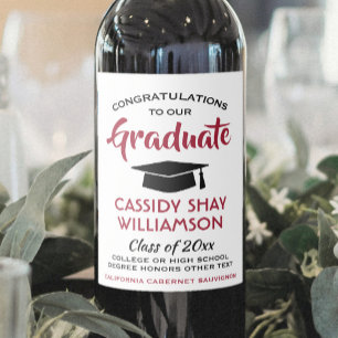Graduation Party Congrats Modern Red White & Black Wine Label