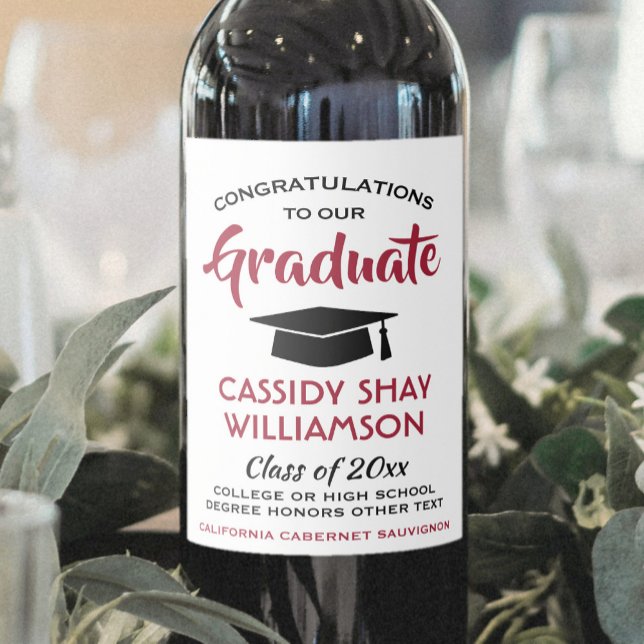Graduation Party Congrats Modern Red White & Black Wine Label (Creator Uploaded)