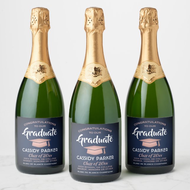 Graduation Party Congrats Navy Blue Pink Rose Gold Sparkling Wine Label (Bottles)