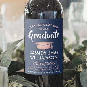 Graduation Party Congrats Navy Blue Pink Rose Gold Wine Label