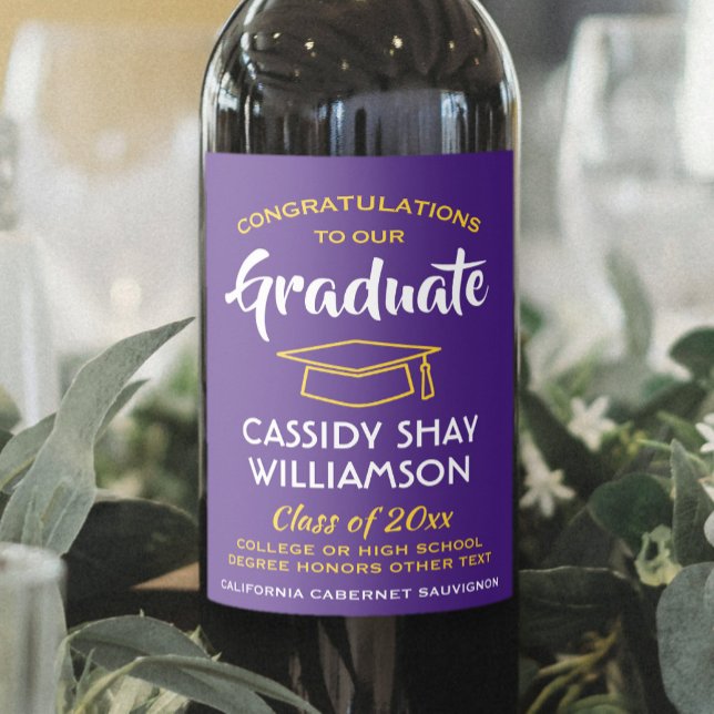 Graduation Party Congrats Purple Gold Yellow Wine Label (Creator Uploaded)