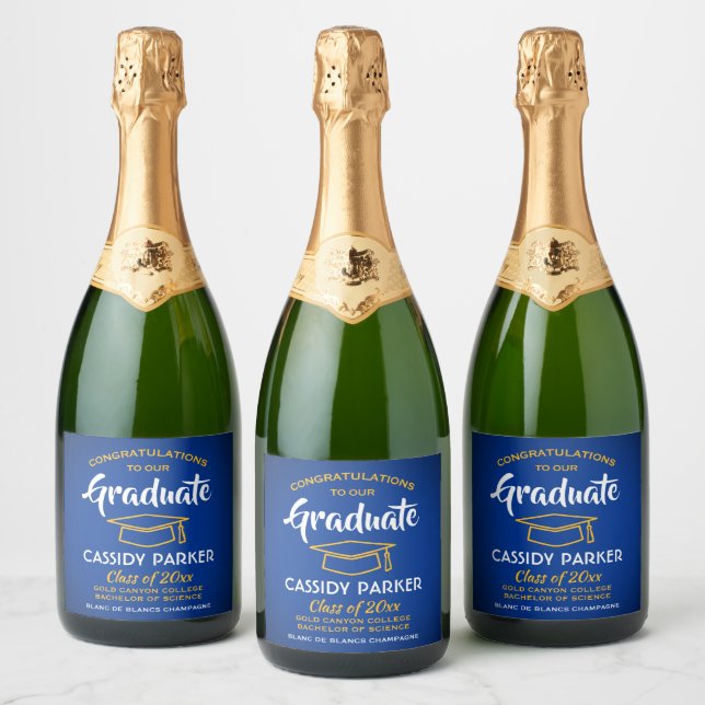 Graduation Party Congrats Royal Blue Gold Yellow Sparkling Wine Label (Bottles)