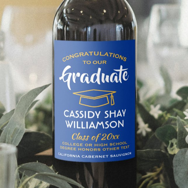 Graduation Party Congrats Royal Blue Gold Yellow Wine Label (Creator Uploaded)