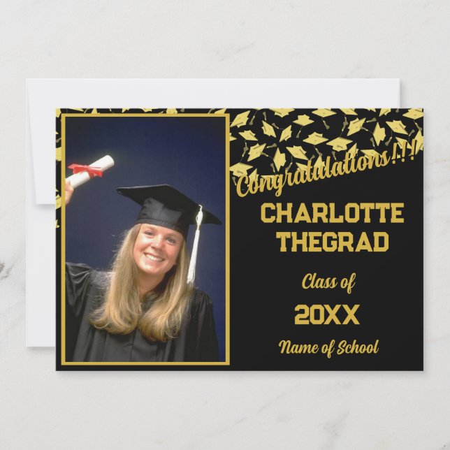 Graduation Party Congratulations Black Gold Photo Invitation (Front)
