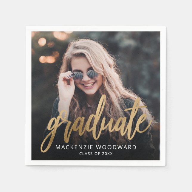 Graduation Party Custom Photo Gold Script Napkin (Front)