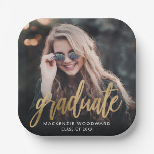 Graduation Party Custom Photo Gold Script Paper Plate