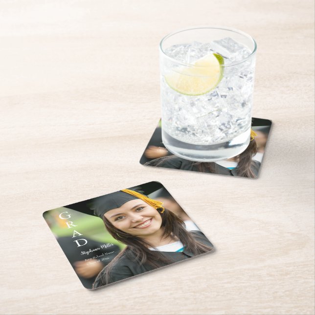 Graduation Party Customisable Name School Year Square Paper Coaster (Insitu)