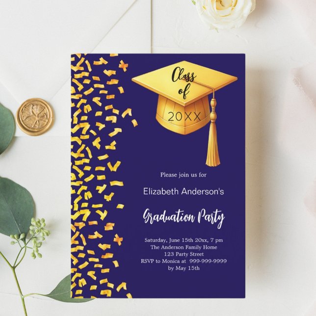 Graduation party dark blue gold confetti invitation (Creator Uploaded)
