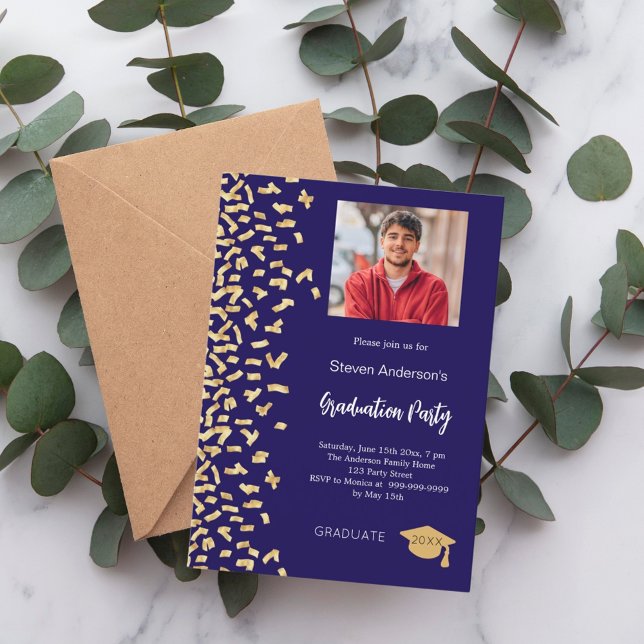 Graduation party dark blue gold confetti photo invitation (Creator Uploaded)