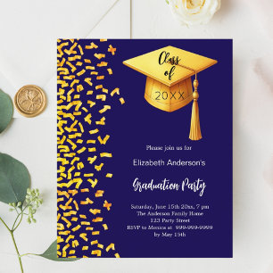 Graduation party dark blue gold invitation