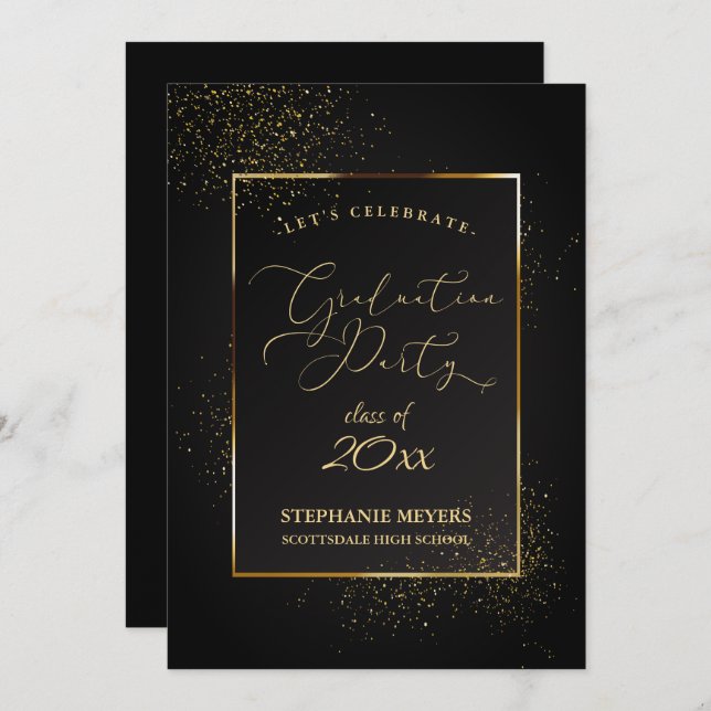 Graduation Party Elegant Black and Gold Glitter Invitation (Front/Back)
