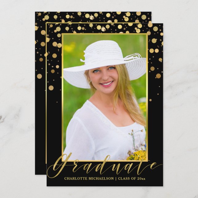 Graduation Party Elegant Black Photo Gold Confetti Invitation (Front/Back)