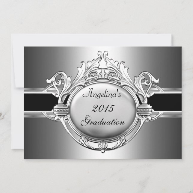 Graduation Party Elegant Black Silver Metal Invitation (Front)