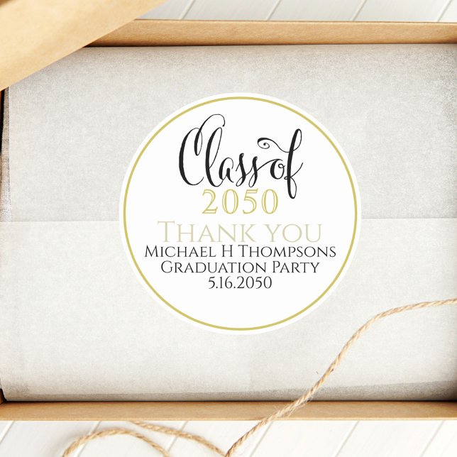 Graduation Party Elegant Gold Modern Script  Classic Round Sticker (Graduation script Class of thank you party favor sticker.)
