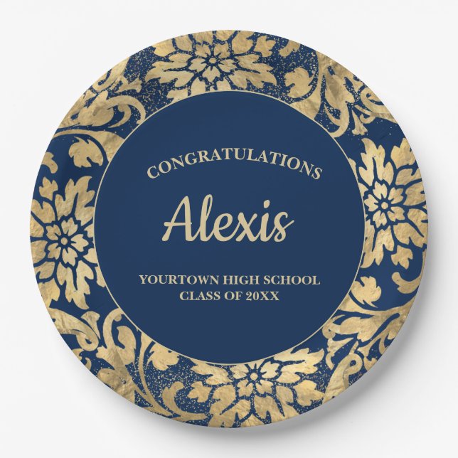 Graduation Party Elegant Navy Blue Gold Paper Plate (Front)