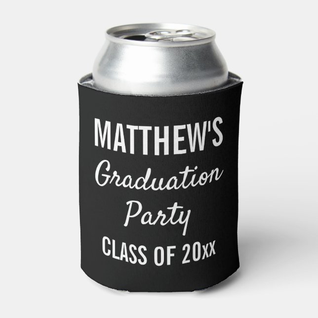 Graduation Party Favour Modern Typography Black Can Cooler (Can Front)