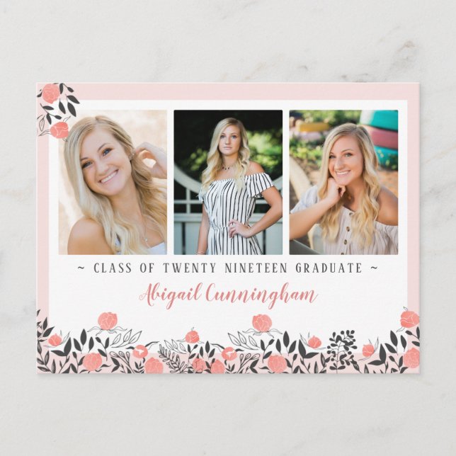 Graduation Party Floral Geometric Blush Rose Gold Postcard (Front)