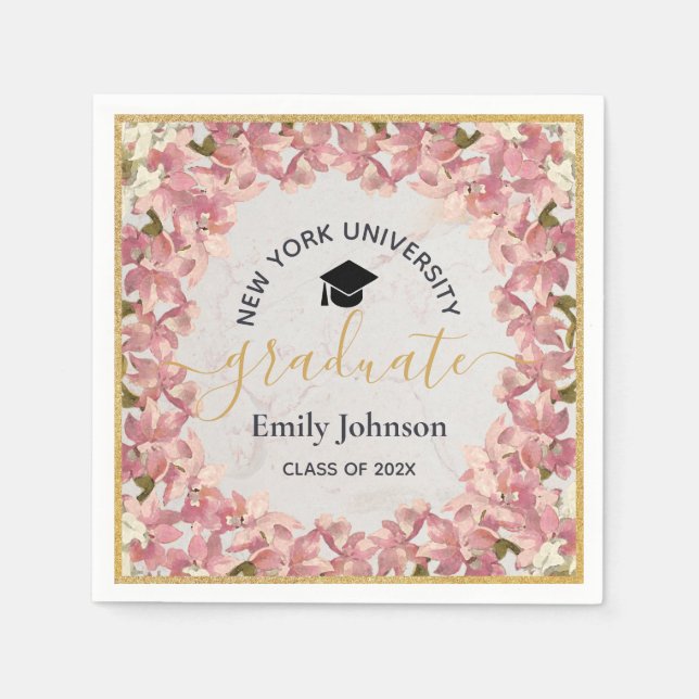 Graduation Party Floral Girly Pink Orchids Gold  Napkin (Front)