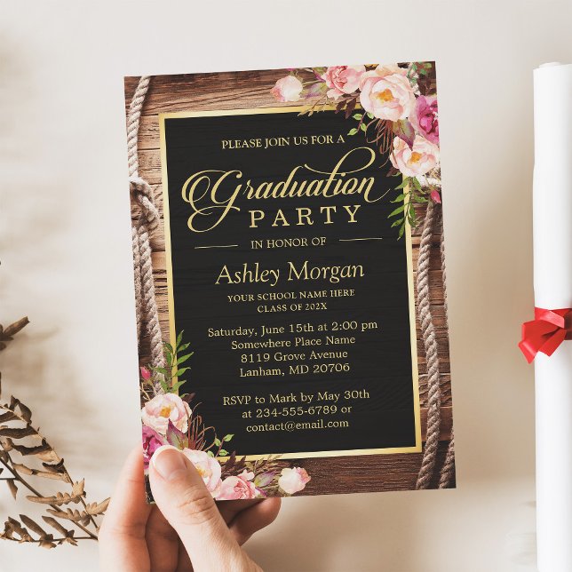 Graduation Party Floral Rustic Country Wooden Invitation (Creator Uploaded)