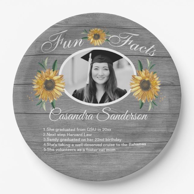 Graduation Party Fun Facts Sunflower Grey Wood   Paper Plate (Front)