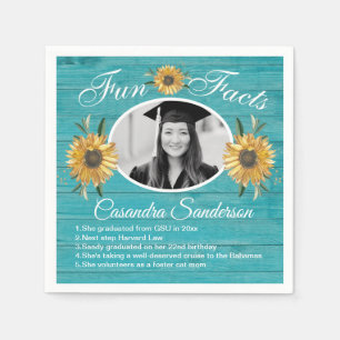 Graduation Party Fun Facts Sunflower Teal Wood Napkin