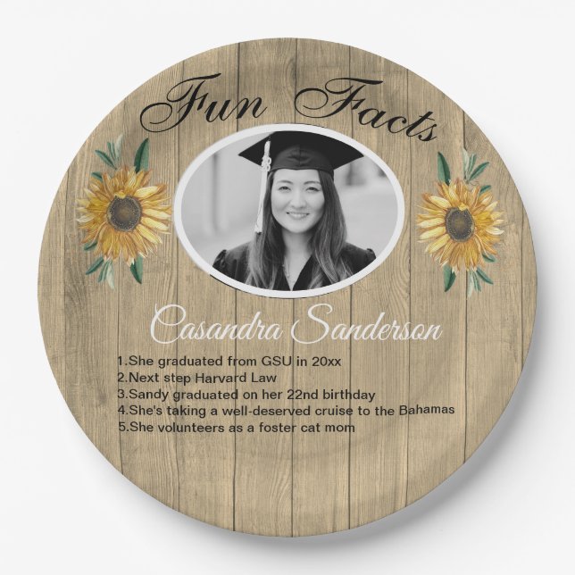 Graduation Party Fun Facts Sunflower Teal Wood  Pa Paper Plate (Front)