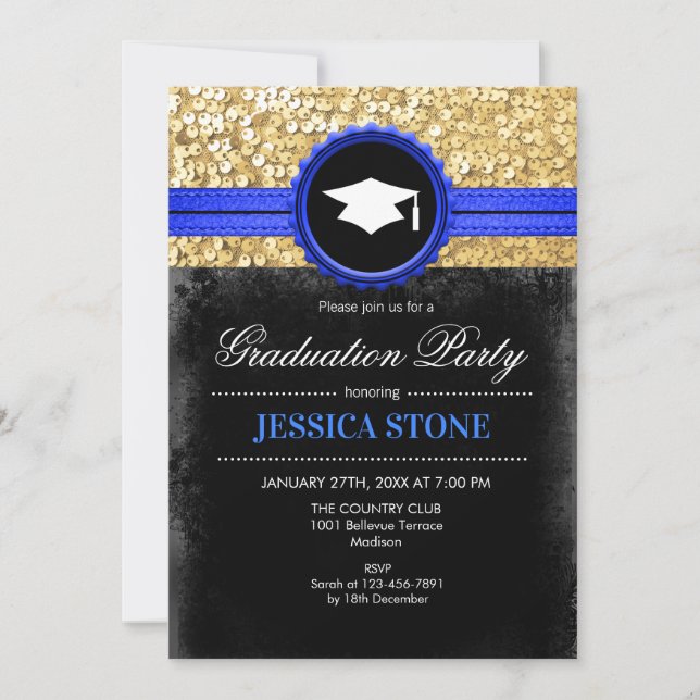 Graduation Party - Gold Black Royal Blue Invitation (Front)