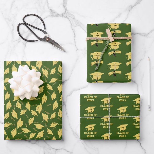 Graduation Party Gold Caps on Green Gift Wrap (Front)